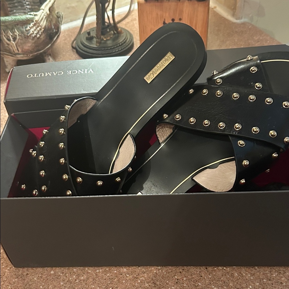 Vince Camuto Black Studded Crisscross Slide Mules